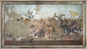 Alexander-mosaikken, som viser slaget ved Issus mellom Alexander den store (356-323 f.Kr.) og Darius III (d.330 f.Kr.) i 333 f.Kr., romersk gulvmosaikk fjernet fra Casa del Fauno (Faunens hus)